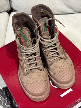Gucci Brown GG Canvas High-Top Sneakers with Green & Red Web